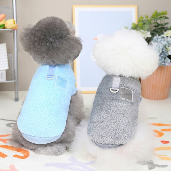 2-pack hundtröja med sele ring, fleece varm valptröja, vinterkläder för husdjur, kläder med koppelhål (blå+grå)