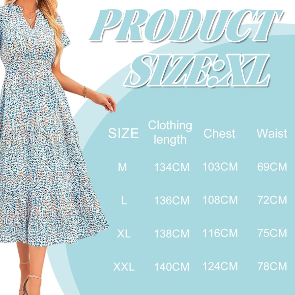 Sommer-Maxi-kjole for kvinner, avslappet V-hals, puff-ermer, smocked, rynket, flytende, strand, boho, lang, blomsterkjole