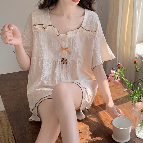 Kortärmad Pyjamas Set för Kvinnor Björnmönster Andningsbart Lös Söt Sommarpyjamas Set för Hemma Pyjamas M