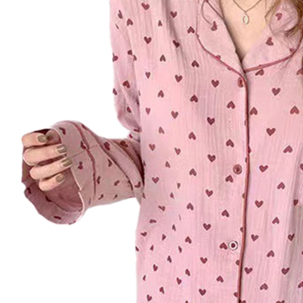 Dam Pyjamas Set med Knappar Långärmad Hjärtmönster Nedåtvänd Krage Lös Mjuk Dam Nattkläder för Vår Höst Hem Rosa M