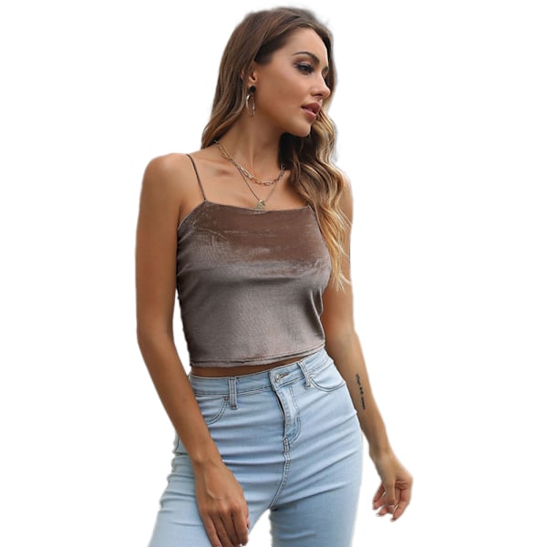 Dame Velvet Spaghetti Strap Cami Crop Top Ærmeløs Casual Tank Tube Top - Mørk khaki
