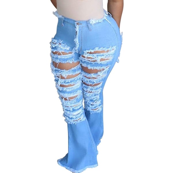 Kvinnors Bell Bottom Jeans med hög midja, slitna, smala, hål, klassiska utsvängda jeansbyxor