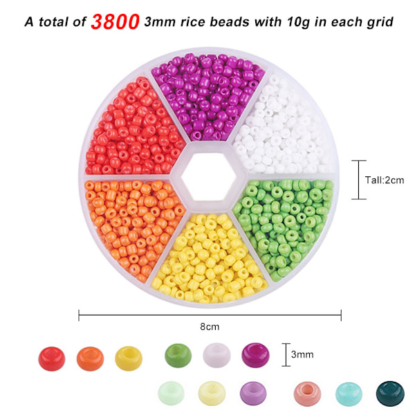3800 stk Glassfrøperler, 3mm Armbåndperler Sett, Assorterte Glassperler med Plastoppbevaringsboks