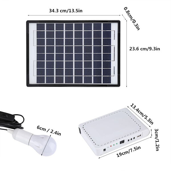 10W Solpanel Strømsystem til Hjembelysning med 2 LED Pærer og USB-Oplader