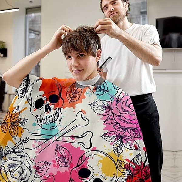 Barber Cape, Salong Kapp for Hårklipp Vanntett Pongee Kapp for Hårklipp Stor Barber Kapp for Hårklipp 63''x55''  (Skummel Skalle Rød)