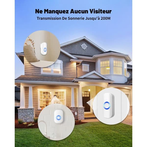 Waterproof Wireless Doorbell - 1 Transmitter + 1 Receiver, 150m Range, 39 Ringtones, 100dB, LED