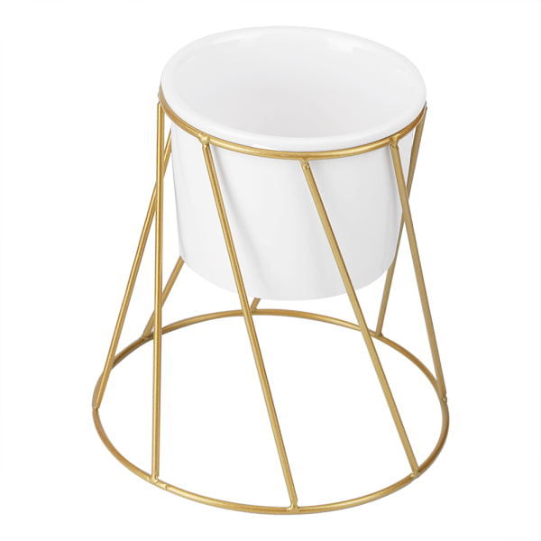 Keramisk Blomkruka och Rund Geometrisk Metallställ för Växtvisning Vit Kruka + Gyllene Ram