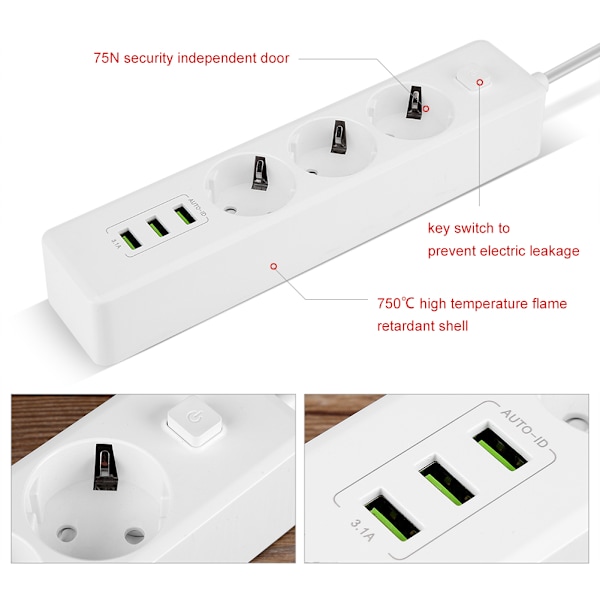 EU-kontakt Smart USB-strömskena 3-ports 3-uttag Vägguttag Överbelastningsskydd Vit