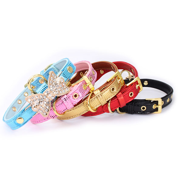 Designer snygg söt läder glänsande strass fluga husdjur katt och hund halsband smycken