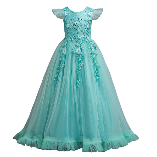 Barnklänning för flickor, blomsterflickeklänning, prinsessklänning, spetsbroderad, lång Green 130cm
