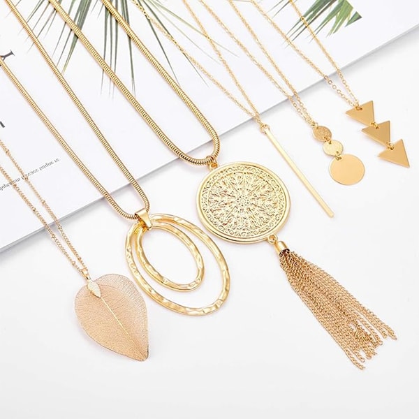 6 st långa halsband för kvinnor, guld bar cirkel blad triangel tofs Y halsband set för flickor