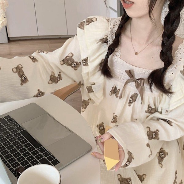 Dam Pyjamas Set med Långärmad Sömnkläder Söt Björndesign Höstpyjamas Set Loungewear Set för Hem Semester och Casual Wear Långärmad Björndräkt 2XL