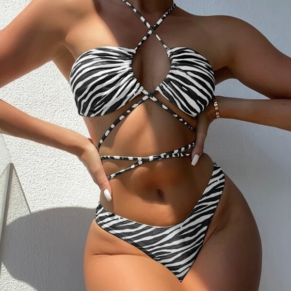 Damernas tvådelade badkläder randig tryck bikini badkläder