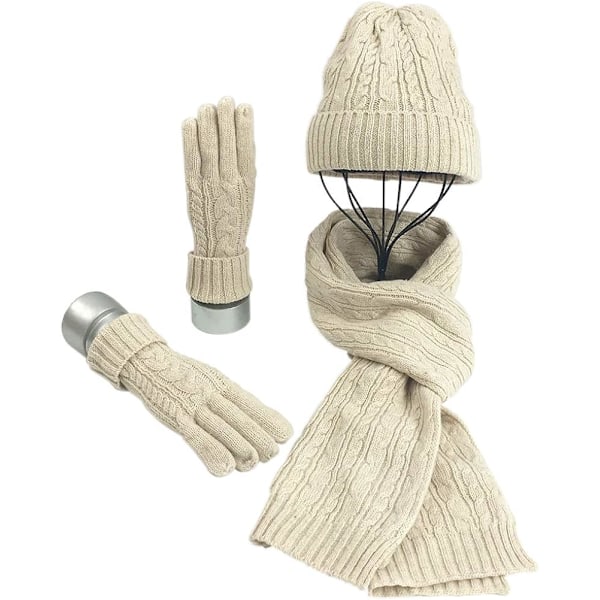Hatt, skjerf og votter sett for kvinner - Myk og varm strikket lang skjerf, 3 i 1 vinter tykk strikket sett for ski, utendørs, shopping, fiske