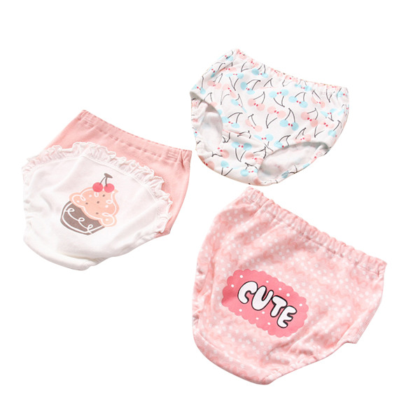 3-pack Söta Cartoon-mönster Bomullsbebisunderkläder Andningsbara Barn Spädbarnsbyxor Rosa Vit Tårta 90