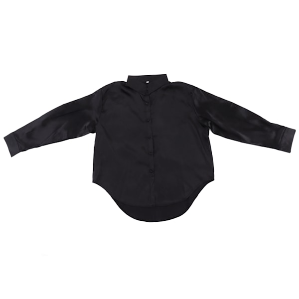 Satinblus med lång ärm, casual, figursydd, knappar fram, för kvinnor, dam, svart, L