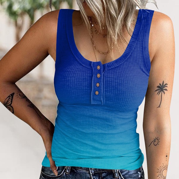 Dam Tanktop med Scoop Halsring, Sommar Casual Ribbad Stickad Ärmlös Basic Slim Fit Camisole T-shirt Gradienterad Blå S