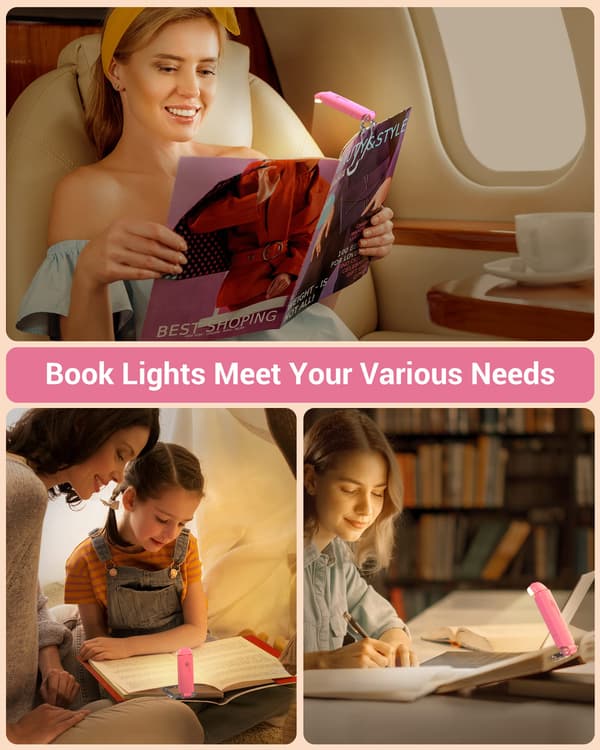 Book Light with Clip, USB Rechargeable Clip for Reading in Bed, 3 Adjustable Brightness Levels, Warm White Reading Lamp pink