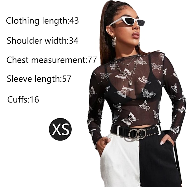 Kvindes Langærmet Mock Neck Butterfly Print Sexy Sheer Mesh Crop Top Overlay med Mesh Langærmet T-shirt