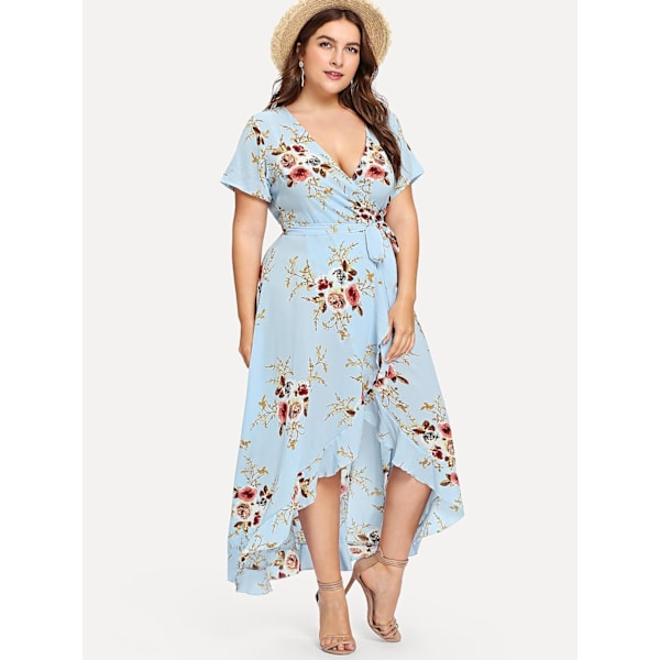 Plus Size Casual V-ringad Bälte Empire Midja Asymmetrisk Maxiklänning