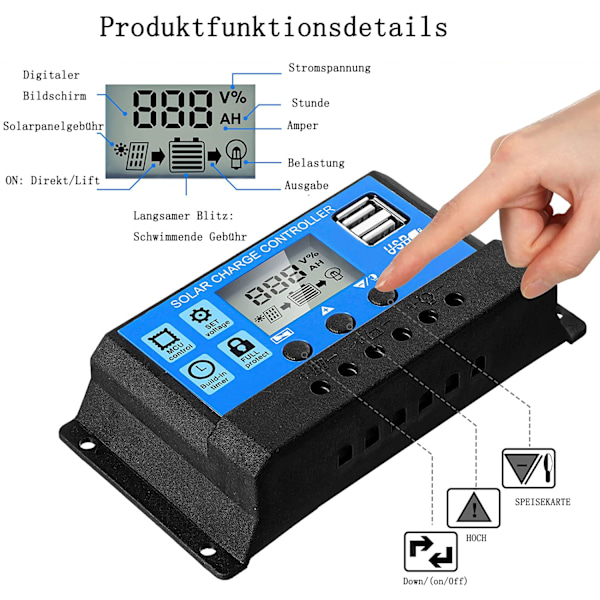 Solar Battery Controller 12v/24v Solar Panel Charge Controller Mark Solar Panel Controller Regulator med justerbar LCD-skärm och dubbel USB port