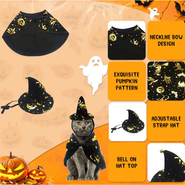Lemmikkieläinten Halloween-noitaviittasetti, koiran ja kissan hattu ja viitta, asusteet