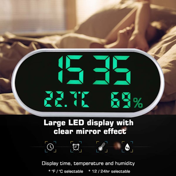 Digital Spejl Vækkeur LED Display Natlys Ur med Temperatur Luftfugtighed (Grønt Lys)