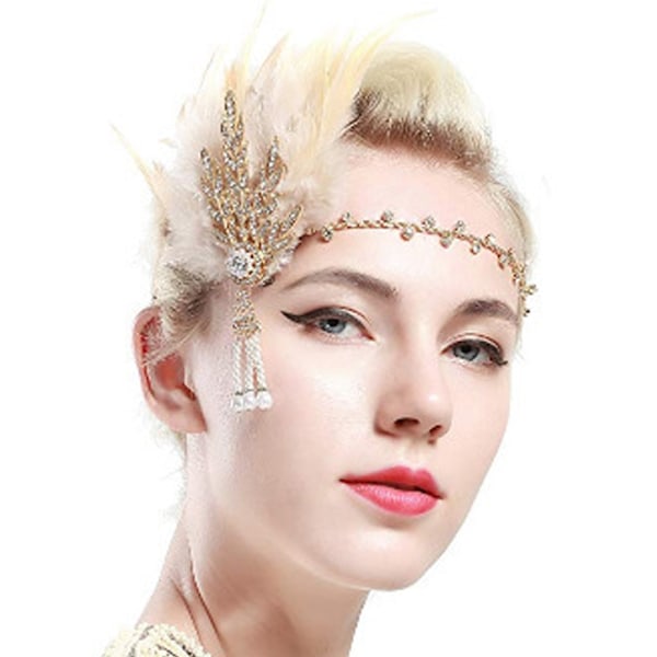 Art Deco Flapper Blad Bröllop Brud Tiara Pärla Hårprydnad Hårband Med Fjädrar
