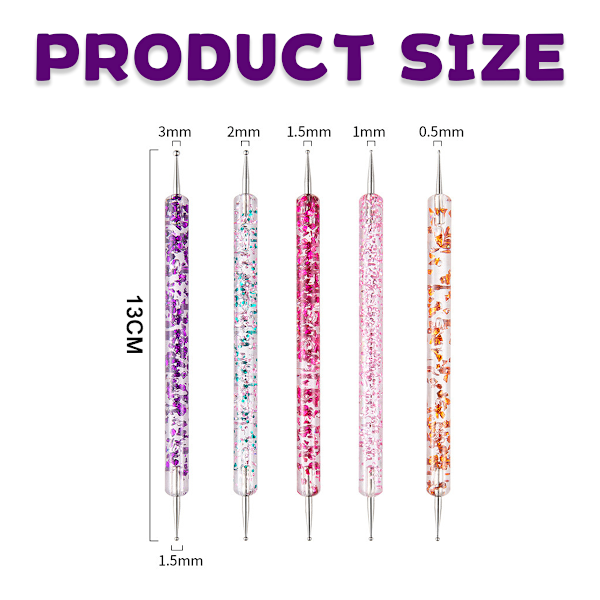 5-pack nagelprickpenna-set, nagellacksmålning, manikyr, prickar, nagelkonst, dubbeländad nagelkonstspets, borr