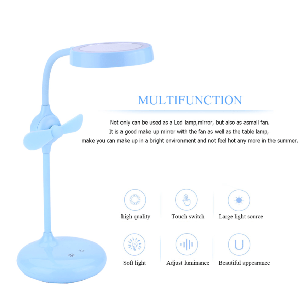 LED-meikkipöytäpeili - säädettävä kosketusohjaus pöytälamppu tuulettimella, sininen