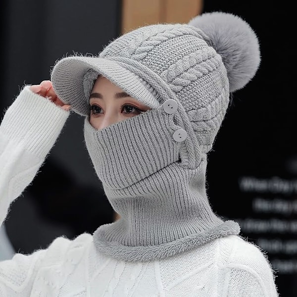 Vinterlue for kvinner, endelte fleecefôret strikkede balaklavaer maske sett skalle nakke sirkel skjerf ski snø lue med pompom