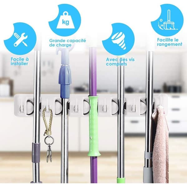 Wall Mounted Broom and Mop Holder with 5 Slots and 6 Hooks/Wall Mounted Broom Rack for Bathroom, Kitchen or Garage - Light Grey, 40cm