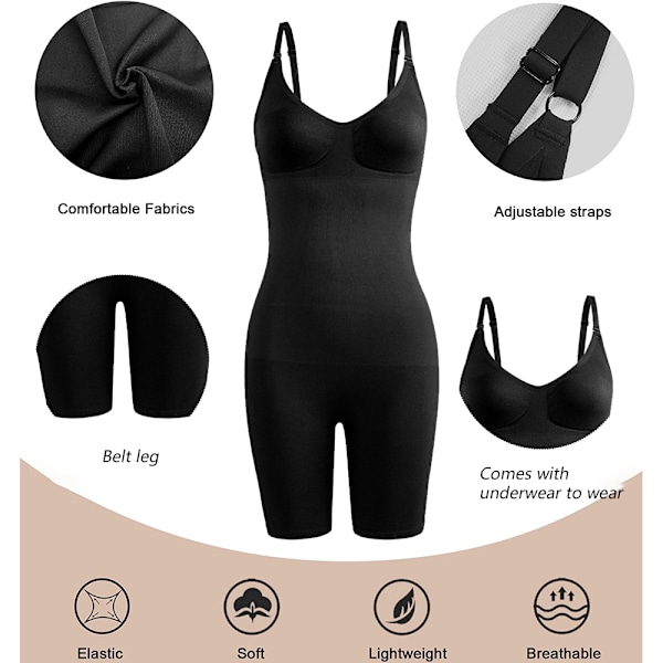 Bodysuit til kvinder med mavekontrol Shapewear Mid-lår Sømløs Full Body Shaper Justerbar - Sort