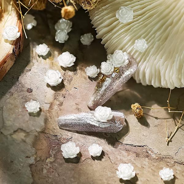 Vit ros Blomma Nagelberlocker 3D Akryl Rose Kawaii Söta Nagelberlocker Blandade Pearl Nagelkristaller Strasstenar Ädelstenar för Nail art DIY Alla hjärtans dag