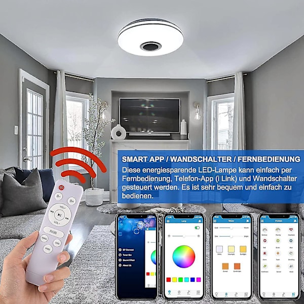 LED-taklampa dimbar, Bluetooth-högtalare, fjärrkontroll, app-styrning, RGBW-färgväxling
