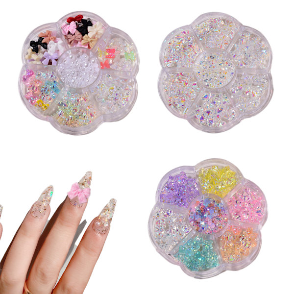 3 Askorter Mixade Nagelkonst Bågar Pärlor Platta Bak Sats Rhinestone Resin Aolly Nageldekor Manikyr Design DIY Smycken Tillbehör