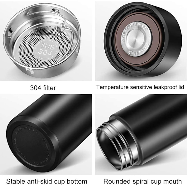 Termosflaska, 480 ml vattenflaska vakuumisolerad kopp 304 rostfritt stål, LED-pekskärm temperaturdisplay, smart kopp förseglingsflaska idealisk