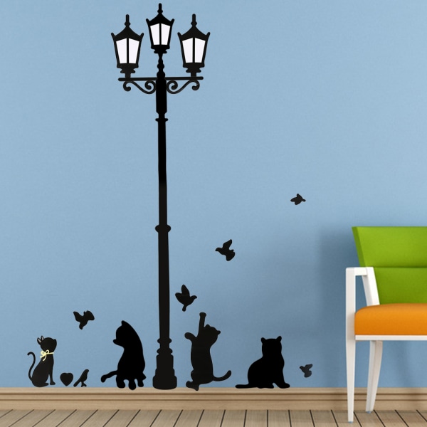 Svart PVC-väggklistermärke Cats Street Lamp Vinyl Art Decal Home