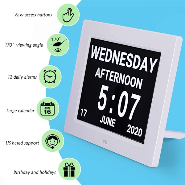 Digital Kalenderlarm Dags Klocka med 8\" Stor Skärmvisning, Am Pm, 5 Alarm, Demens Klockor LED Elektronisk Skrivbords Kalender Äldre Alarmklocka
