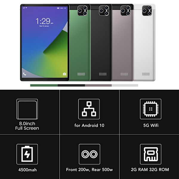 8 Tums Barnplatta 2G RAM 32G ROM 5G WIFI Dubbelbands Samtalsplatta PC för Android 10 EU-kontakt 100‑240V Vit EU-kontakt