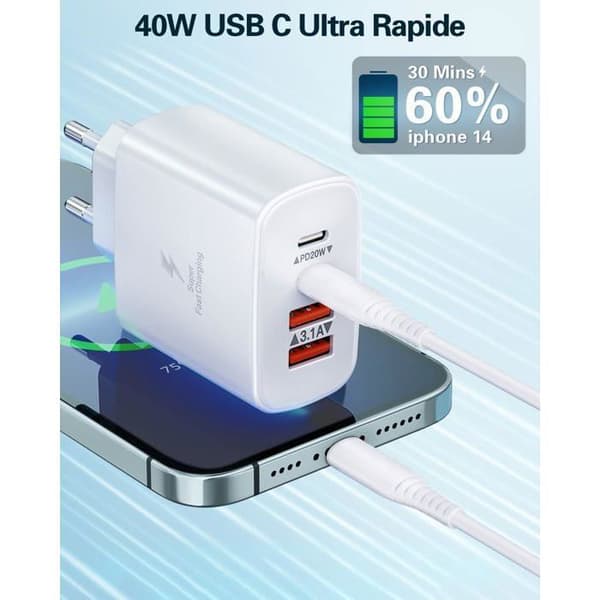 40W USB-C Wall Charger – 4 Ports (PD + QC) – Multi-Device Charger Compatible with iPhone, Samsung, iPad, and Tablets