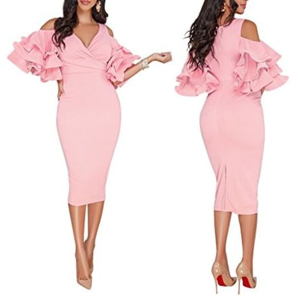 Solid Flounced Ermer med Kald Skulder V-Hals Elegant Sexy Fest Kvelds Midi Kjole Bodycon Kjole