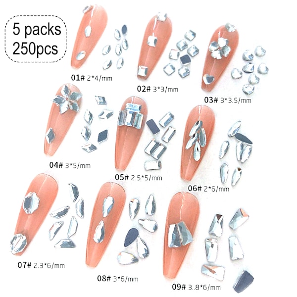 250 st Crystal Nail Rhinestones Set, Multi-formad 3D Diamant Glaskristall Platt Botten, för Nagelkonst DIY Hantverk Telefoner Kläder Smycken Väska Dekoration