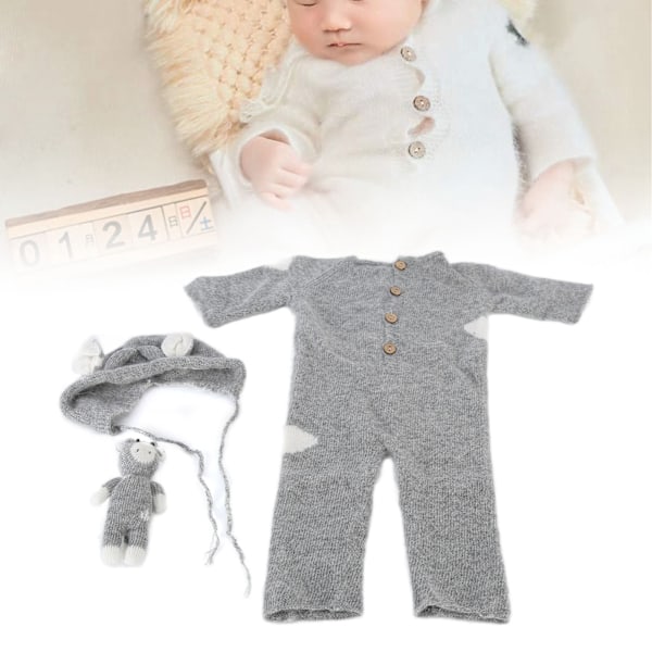Nyfødt Fotografering Drakt Myk Strikket Jumpsuit Hatt Leke Foto Shoot Rekvisitter Sett for BabyGrå