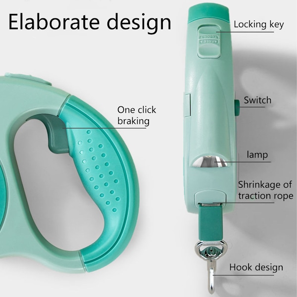 Inntrekkbar Hundeleie med LED-lommelykt, 360° Tanglefri Lang Leie med Poop Bag Dispenser (Grønn)