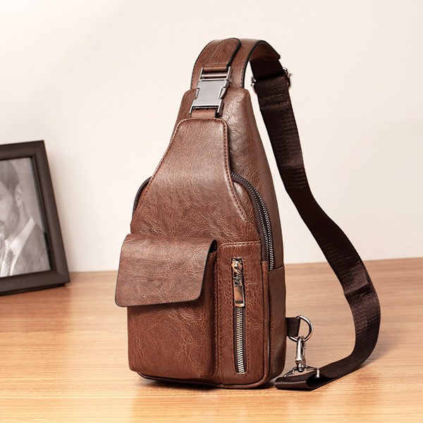 Mænds PU Læder Sling Bag Rejse Crossbody Brysttaske Stor Kapacitet Casual Vandreture Dagrygsæk Anti-tyveri Rygsæk Pung