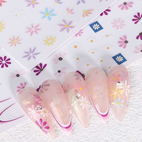 Nagelkonst Dekal, 5D Pressade Nageldekaler Vår Färgglada Prästkragar Blomma Blomma Självhäftande Nageldekoration