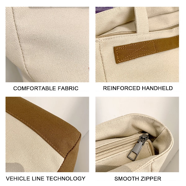 Canvas Tote Bag for Kvinner, Casual Skulderveske med Glidelås og Lomme for Reise, Strand, Arbeid og Shopping