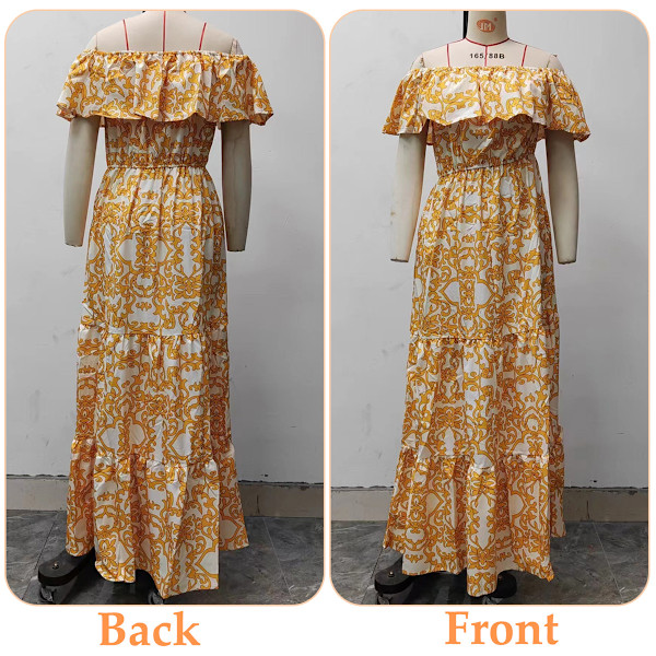 Kvinnors Off Shoulder Boho Blommig Tryckt Rufflad Axelbandslös Elastisk Midja Knytband Semesterfestklänning
