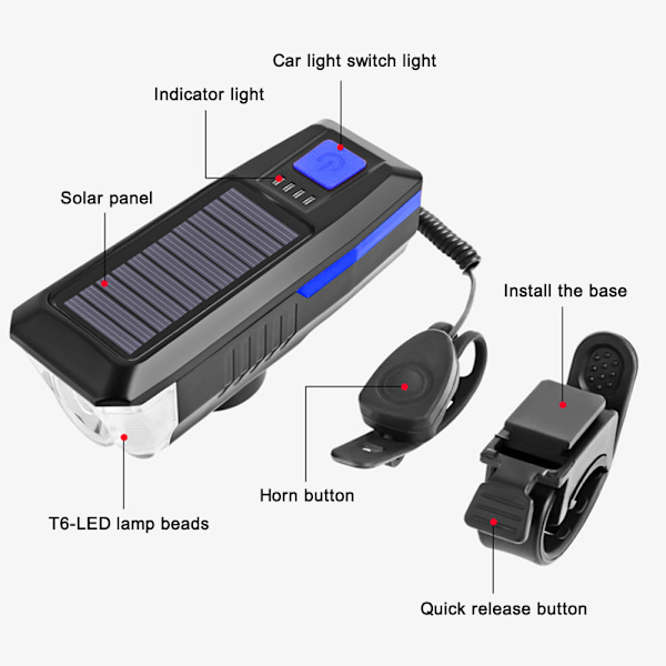 Pyörävalosarja ja -torvi Aurinkovoimalla USB-Lataus Polkupyörän Etuvalo Takavalo Yhdistelmät Etu Takavalo Takavalo LED-Kaiutin